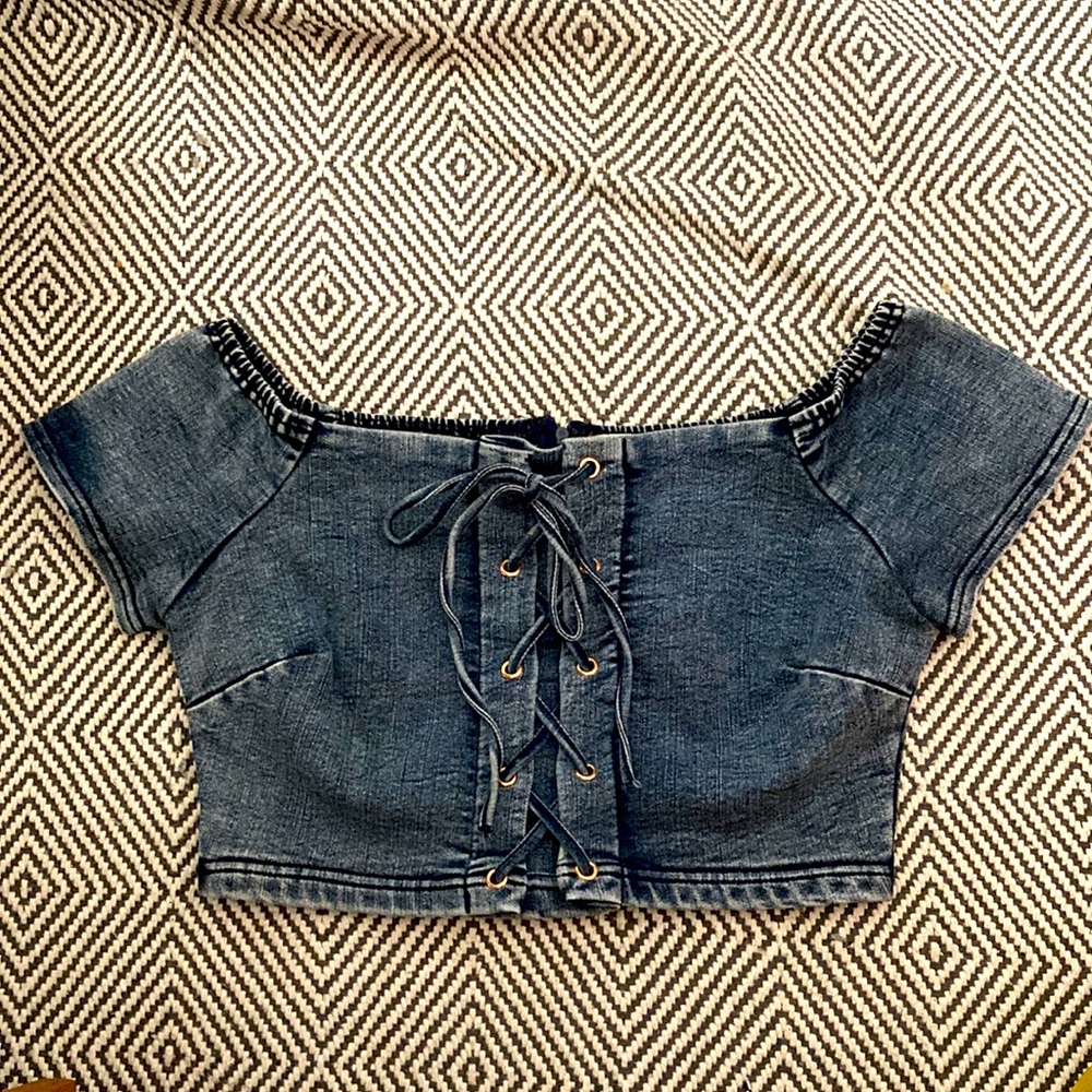 Trac M/L Denim Blue Crop Top, Tied Front & Zippered Back